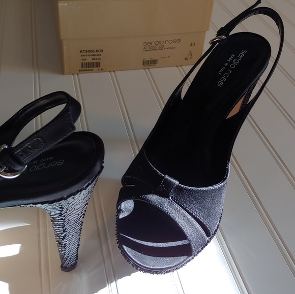 Sergio Rossi NWT Tessuto Raso Black Leather Slingback Platform Heels size 10 - Picture 2 of 15